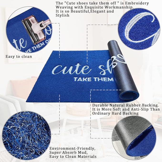 Entry Door Mat for Entryway Cute Shoes Take Them Off Sign Welcome Mats for Front Doormat Funny Inside Doormats for Home Entrance House Rustic Farmhouse Floor Mats 47" x 18" Blue