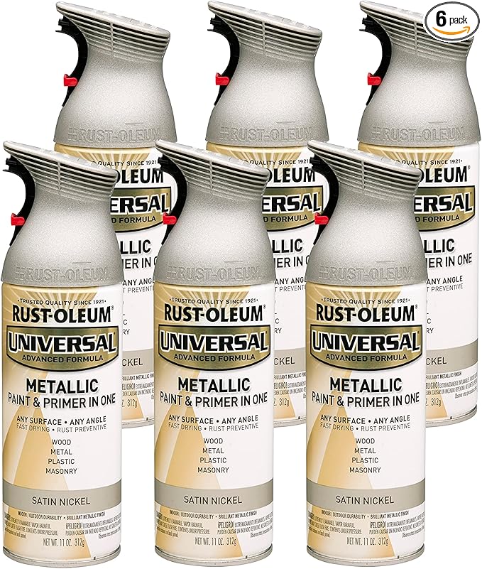 Rust-Oleum 249130-6PK Universal All Surface Metallic Spray Paint, 11 oz, Satin Nickel, 6 Pack