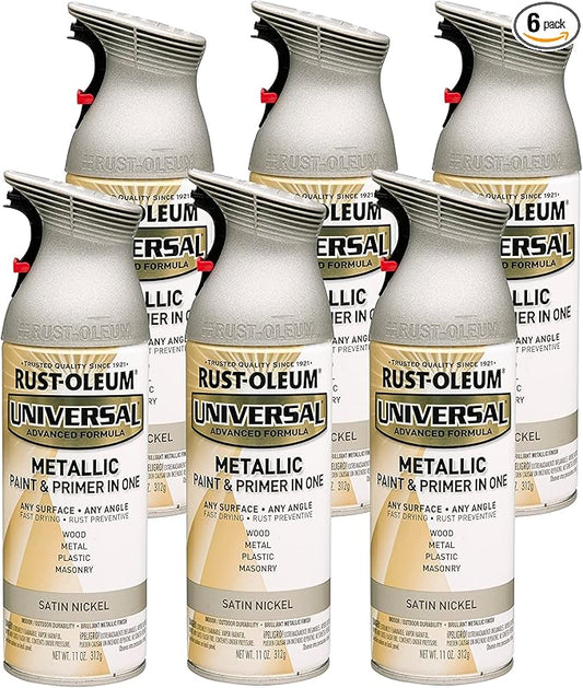 Rust-Oleum 249130-6PK Universal All Surface Metallic Spray Paint, 11 oz, Satin Nickel, 6 Pack