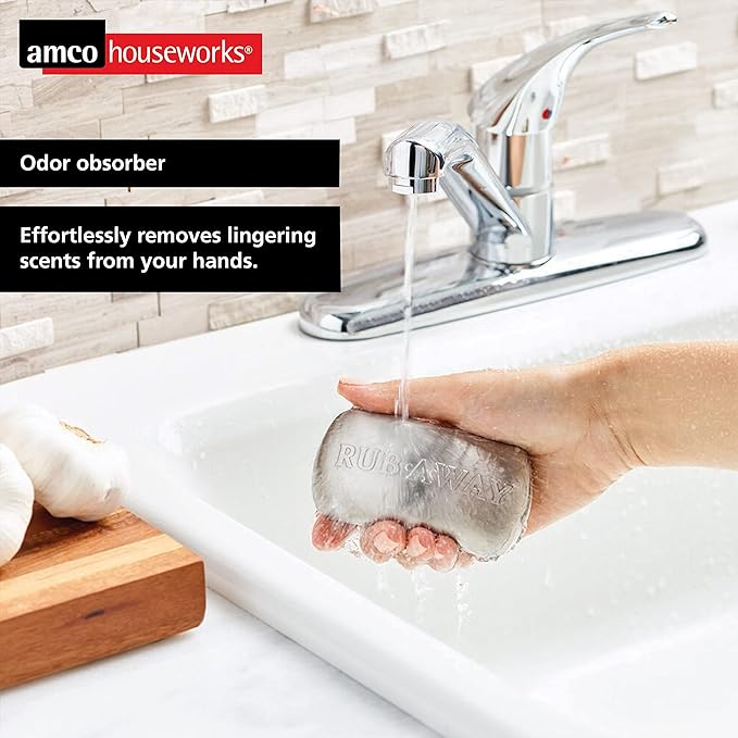 Amco Rub-a-Way Bar, Stainless Steel Odor Absorber (4" x 2.25") - Dishwasher Safe Kitchen & Outdoor Essential for Garlic, Onion, Fishing, Hiking Odors - Natural Odor Remover