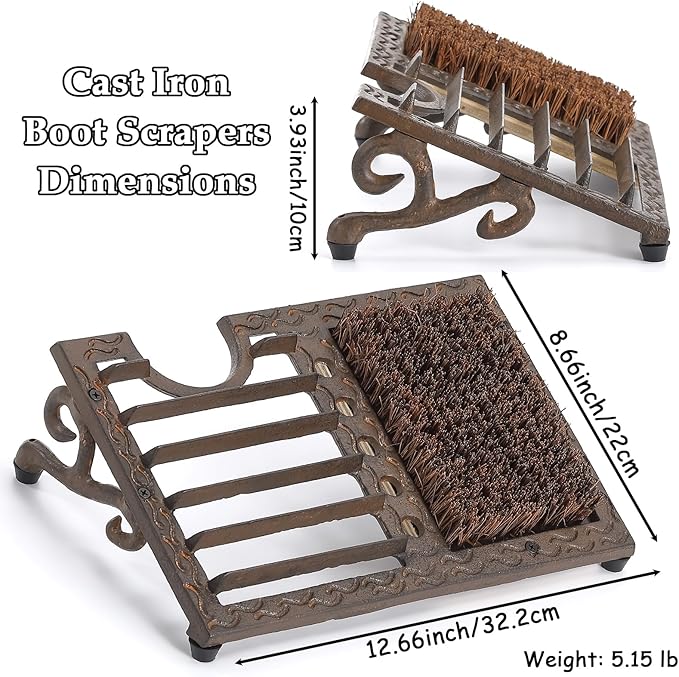 Cast Iron Boot Brush Scraper Outdoor, Heavy Duty Boot Scrubber Brush with Angled Design, Outdoor Shoe Scrapers with Brushes, All Weather Boot Scraper for Home Porch Entryway Garden (Brown)