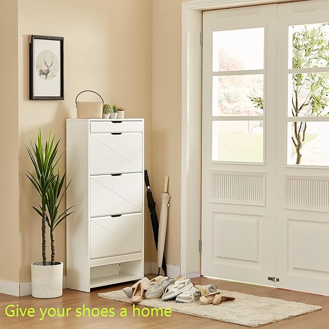 Shoe Cabinet with 3 Flip Drawers, Shoe Storage Cabinet with Open Shelf and Top Drawer, Free Standing Shoe Rack Storage Organizer for Entryway, Hallway, White