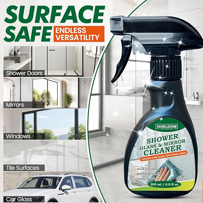 SHIELDOM Shower Glass Cleaner, Glass Window & Mirror Cleaning Hard Water Stains Remover Removes Soap Scum/Water Spot/Fingerprint/Dirt with Squeegee & Towel for a Streak-Free Shine 6.8fl oz/200ml