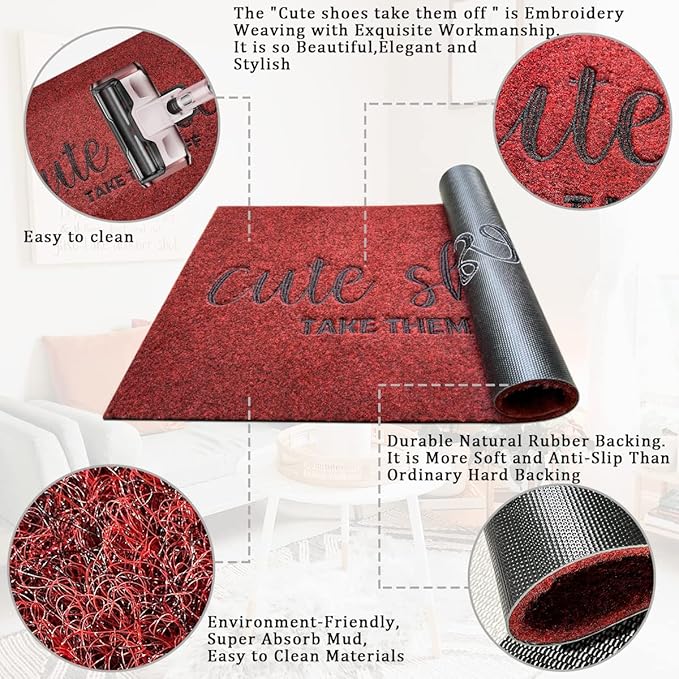 Outdoor Mats for Home Entryway Cute Shoes Take Them Off Outdoor Welcome Mats for Outside Entry, Front Indoor Door Mats,Durable,Boot Scraper,Catches Muddy and Dirt 18x48 Inches Red