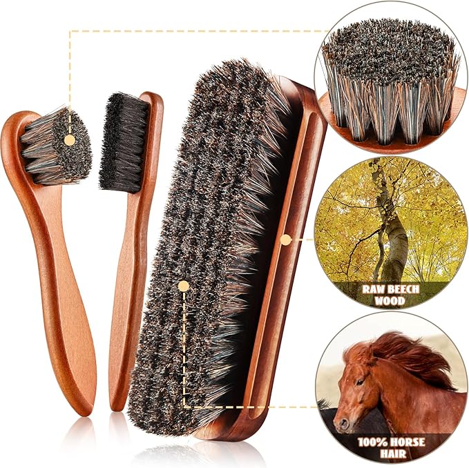 4 Pcs Horsehair Shoe Brush Kit Polishing Daubers Applicators Leather Care Brushes Shine Cleaning Cloth with Cloth(Shoe Brush Set D)