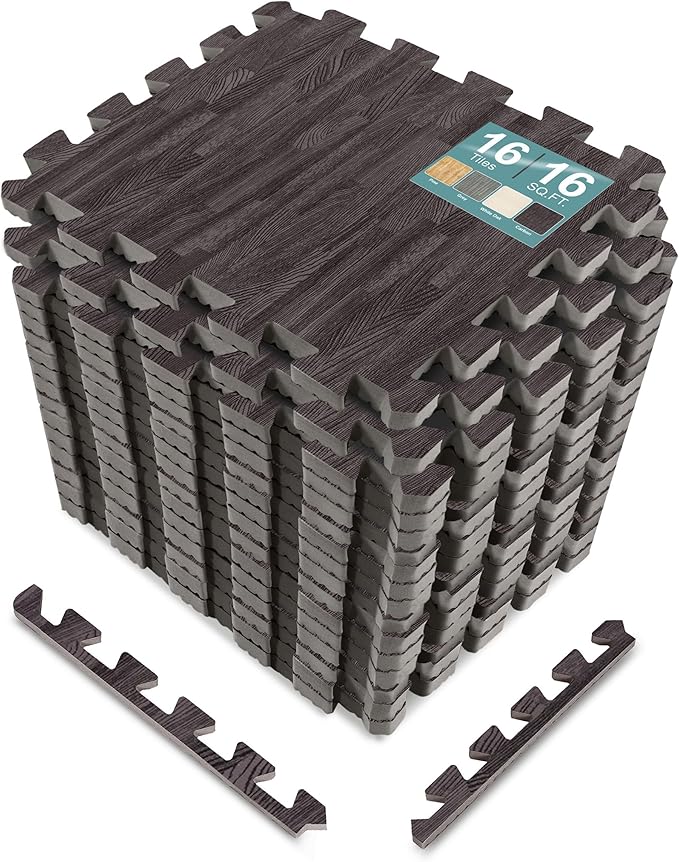 Sorbus Wood Grain Floor Mats Foam Interlocking Mats Each Tile 1 Square Foot 3/8-Inch Thick Flooring Mat Tiles - Home Office Playroom Basement Trade Show (16 Tiles,16 Sq ft, Wood Grain - Carbon)