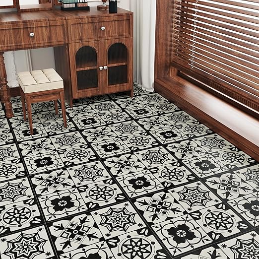Wallercity Black Floral Peel and Stick Floor Tile for Bathroom Kitchen Vintage Boho Waterproof Floor Stickers Self Adhesive Removable Vinyl Flooring Tiles for Rooms Retro Floral Flooring Sheets 18PCS