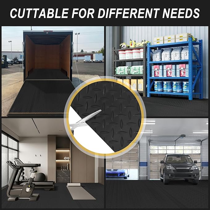 7.5x20 FT Garage Floor Mat, 2.8mm Thickened Flooring Roll Under Car Mat with 20Pcs Tapes, Diamond Plate, Non-Slip Floor Protector Mat for Trailer, Garage, Warehouse, Gyms, Trailer, Black