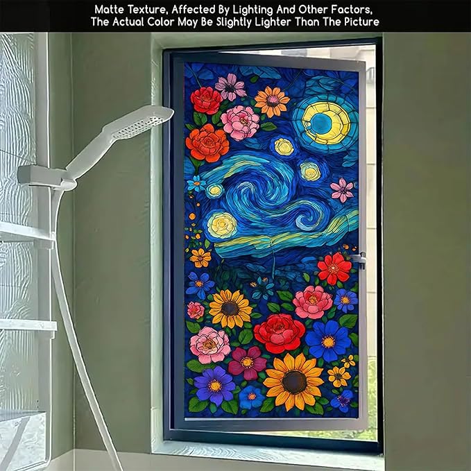 Starry Night Window Film Stained Glass Style Privacy Panel Static Cling Decorative Cover for Door Art Studio Sunroom Bedroom 17.7x39.3 inch