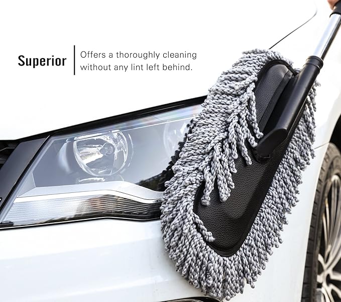 MoKo Car Duster, Multipurpose Car Wash Brush Exterior and Interior Microfiber Duster with Extendable Handle for Cleaning - Grey