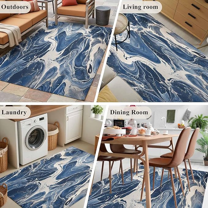 Impressionist Style 4'x6' Area Rugs, White Blue Blurred Wash Washable Area Rugs Non-Slip Indoor Floor Mats Carpet for Living Room Bedroom Dining Room