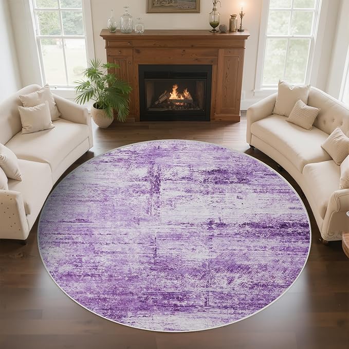 Round 8ft Abstract Rug, Modern Washable Indoor Circle Area Rugs for Living Room, Soft Large Circular Non-Slip Carpet Floor Mat for Bedroom Dining Room Home Office - Abstract Purple