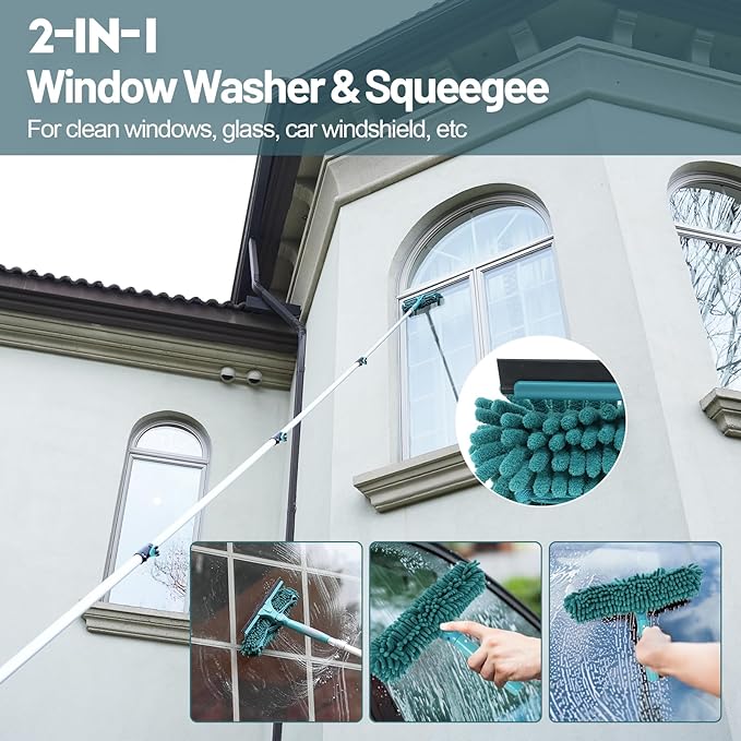 TelesPro 30 Foot High Reach Duster Kit with 6-24FT Extension Pole High Ceiling Dusting and Window Cleaning Kit with Telescopic Pole Window Washer&Squeegee,Cobweb Duster,Fan Duster and Feather Duster