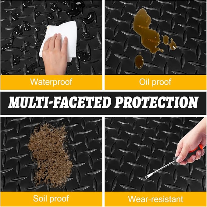 7.5x25 FT Garage Floor Mat, 2.8mm Thickened Flooring Roll Under Car Mat with 20Pcs Tapes, Diamond Plate, Non-Slip Floor Protector Mat for Trailer, Garage, Warehouse, Gyms, Trailer, Black