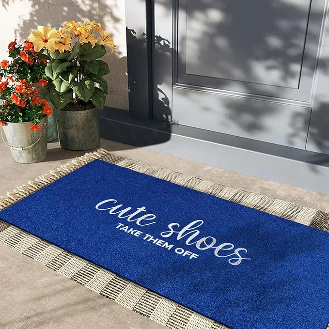 Entry Door Mat for Entryway Cute Shoes Take Them Off Sign Welcome Mats for Front Doormat Funny Inside Doormats for Home Entrance House Rustic Farmhouse Floor Mats 47" x 18" Blue