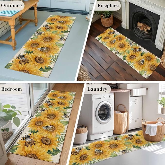 Watercolor Sunflower Cartoon Farmhouse Bee Linen Texture Runner Rug 2'x6', Hallway Runner Rugs Washable Non-Slip Bedside Floor Mats Carpet for Kitchen Bedroom Laundry Room Bathroom