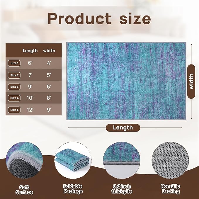 Abstract 6x9 Area Rug, Modern Teal Purple Throw Rugs for Living Room, Washable Soft Large Non-Slip Accent Carpet Floor Mat for Dining Room Office Bedroom - Teal+Purple