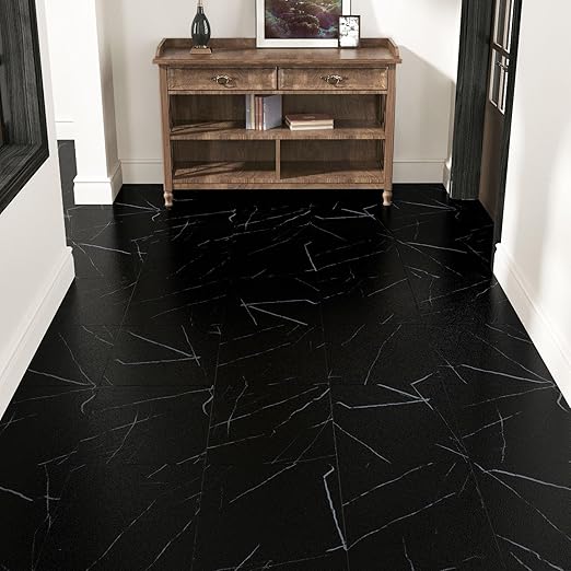 Wallercity Matte Black Marble Peel and Stick Floor Tile 12x12 Inch Self Adhesive Waterproof Vinyl Flooring Sheets for Living Room Bathroom Stick on Floor Tile Stickers for Kitchen Room Basement 5PCS