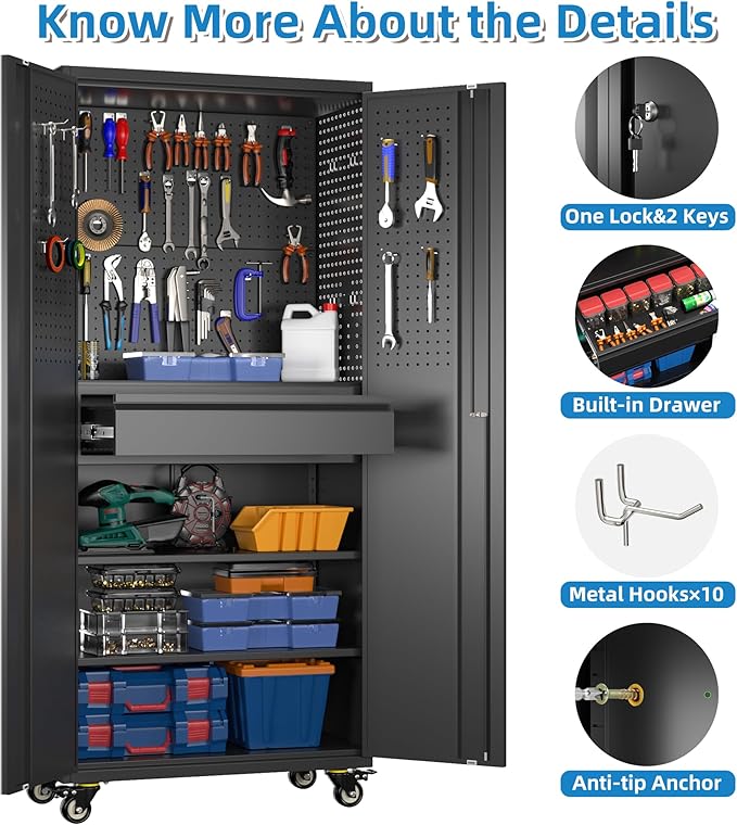 Reemoon Garage Storage Cabinet with Wheels and Doors,Lockable Metal Storage Cabinet with Drawer Pegboard and Hooks for Garage Warehouse Home,Required Assembly,Black,71" H×15" D×30" W