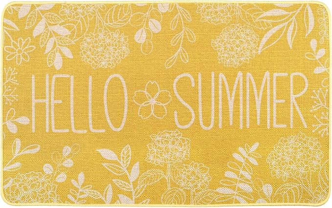 Hello Summer Door Mat Welcome Doormat, Plants Outdoor Rug Leaves Decor Floor Front Door Mat Non-Slip Entrance Mat for Home Kitchen Bathroom Decorations 17 X 29 Inch (Yellow)