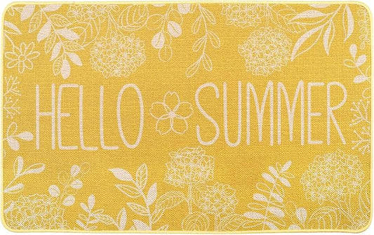 Hello Summer Door Mat Welcome Doormat, Plants Outdoor Rug Leaves Decor Floor Front Door Mat Non-Slip Entrance Mat for Home Kitchen Bathroom Decorations 17 X 29 Inch (Yellow)
