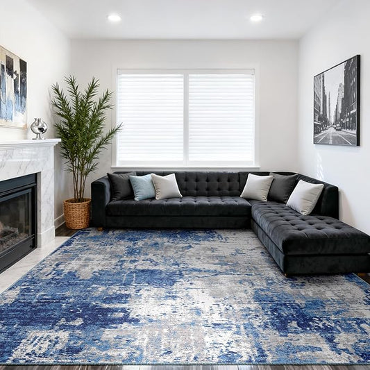 RELEANY Washable Area Rugs 10'x14' Non-Slip Modern Abstract Soft for Living Room Entryway Bedroom Nursery, Print Pattern, Blue Grey Navy Gray