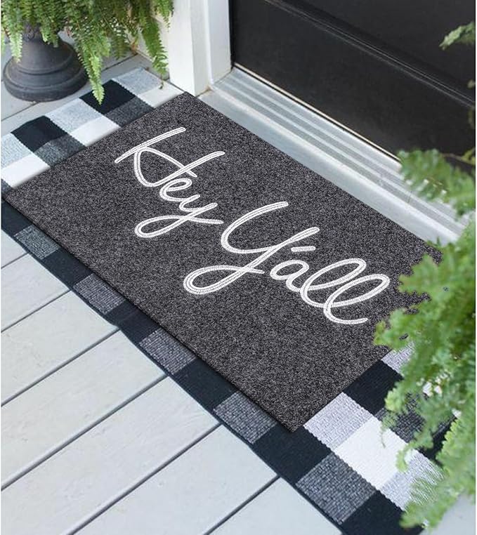 Door Mats Outdoor Welcome Hey Y'all Doormats for Front Door Indoor Entrance Low Profile Non Slip Rubber Heavy Duty Backing Mats Outside Entry Mat Decor for Patio 36" x 24" Gray