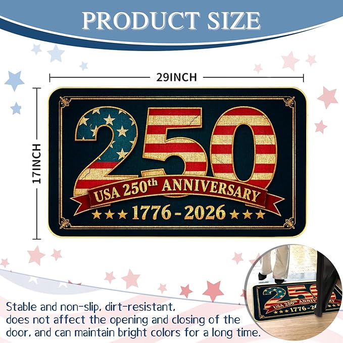 250th Door Mat, Patriotic Vintage USA Anniversary Outdoor Indoor Patio Entrance Door Mats Low Profile Non Slip Outside Inside Floor Mat Rugs for Home Decor, 29x17Inch