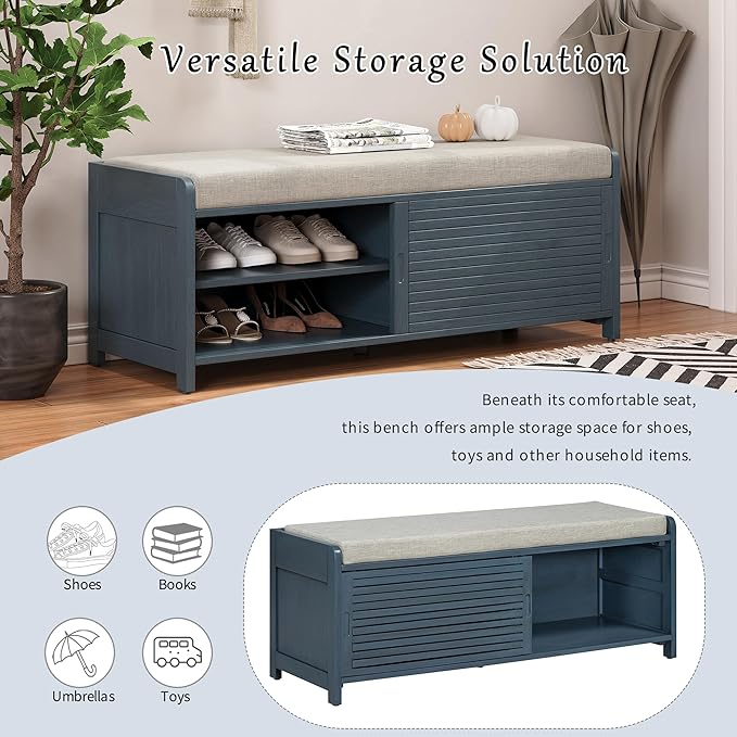 Knocbel Entryway Storage Bench with Sliding Doors and 1 Shelf, Living Room Entrance Hallway Foyer Shoe Bench Bedroom End of Bed Bench, 220lbs Weight Capacity (Navy 2-Door)