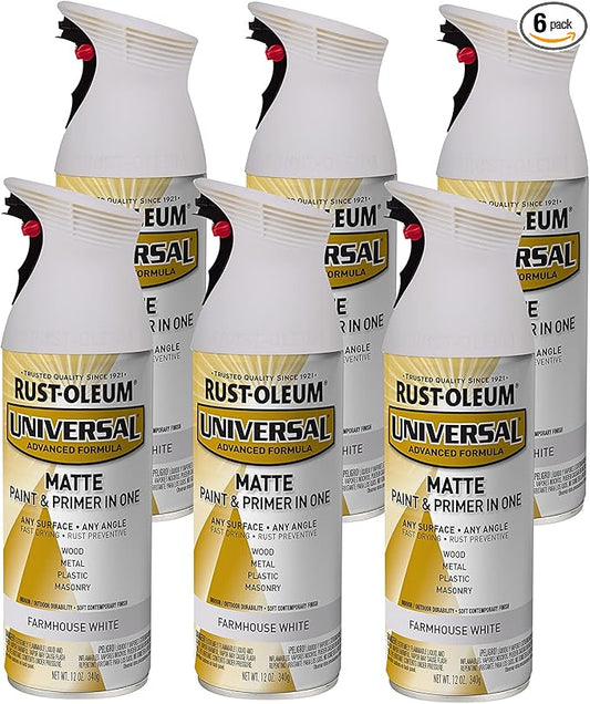 Rust-Oleum 376725-6PK Universal All Surface Spray Paint, 12 oz, Matte Farmhouse White, 6 Pack