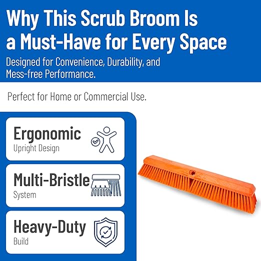 SPARTA Omni Sweep Plastic Push Broom Head, Heavy Duty, Industrial Broom With Color Code System For Outdoor, Indoor, Garage, Concrete, Patio, Kitchen, Bathroom, 18 Inches, Orange