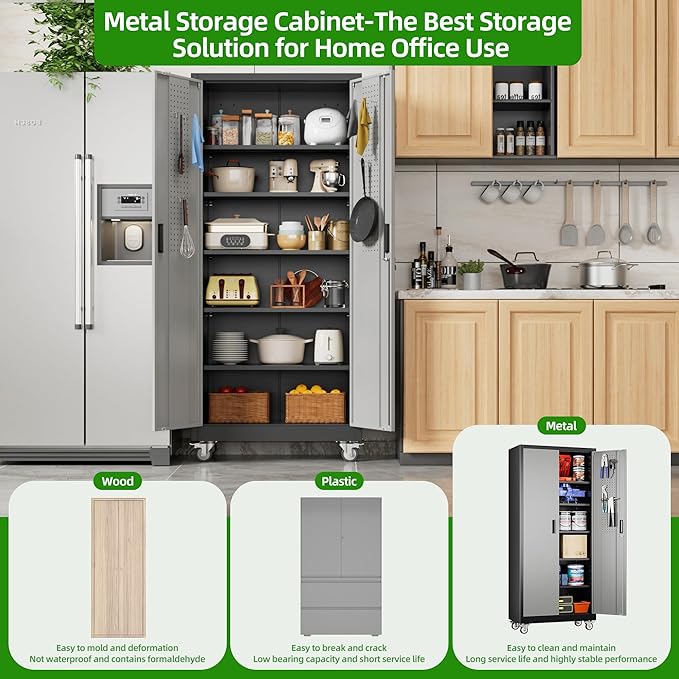 Reemoon 71" H Metal Garage Storage Cabinet with Wheels，Steel Storage Cabinet with Door,5 Adjustable Shelves and Pegboard for Garage Home,Required Assembly,Black &Dark Grey