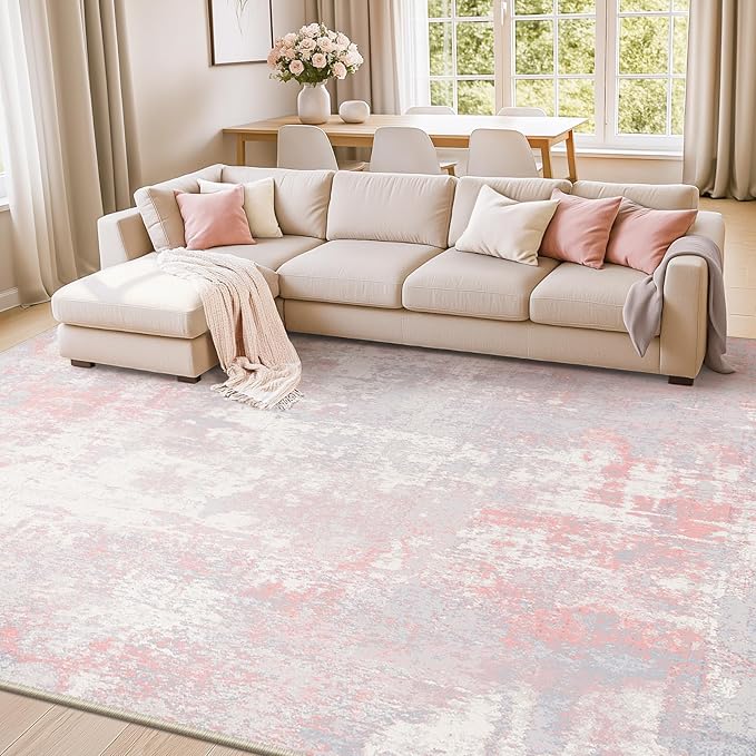 RELEANY Washable Area Rugs 8'x10' Non-Slip Modern Abstract Soft for Living Room Entryway Bedroom Nursery, Print Pattern, Grey Pink
