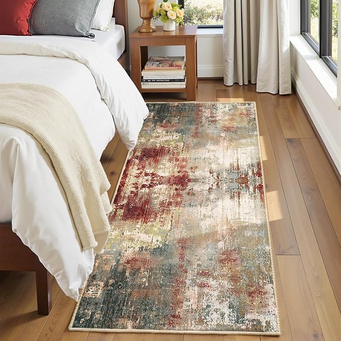 RELEANY Washable Area Rugs 2'x8' Non-Slip Modern Abstract Soft for Living Room Entryway Bedroom Nursery, Print Pattern, Brown Rust Red Green Blue Multi