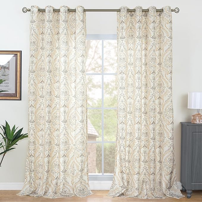 LAMIT Yellow Linen Curtains 90 inches for Living Room, Grommet Faux Linen Curtains Light Filtering Vintage Damask Flower Pattern Window Drapes for Bedroom, 2 Panels Each 52 x 90 Inch