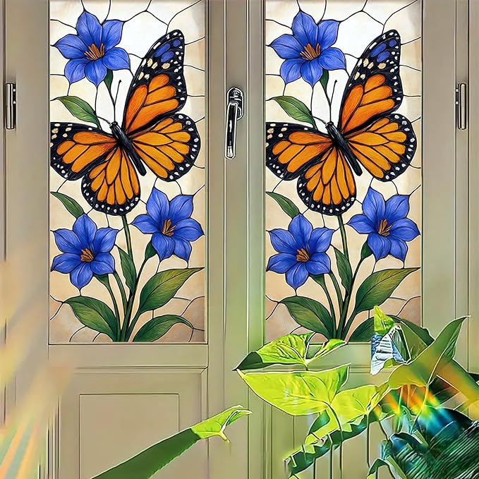 Butterfly Blue Flower Privacy Film Stained Glass Style Static Cling No Glue Decorative Panel Light Filtering for Door Window Kitchen 17.7x39.3 inch