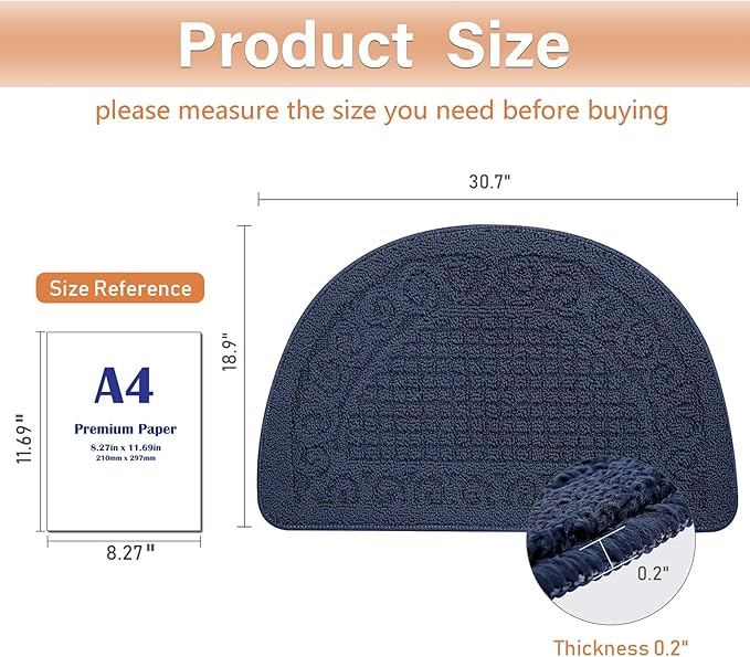 Echaprey Half Round Non-Slip Kitchen Bathroom Toilet Doormat Floor Rug Mat Keeps Your Floors Clean Home Decor (Large, Blue)
