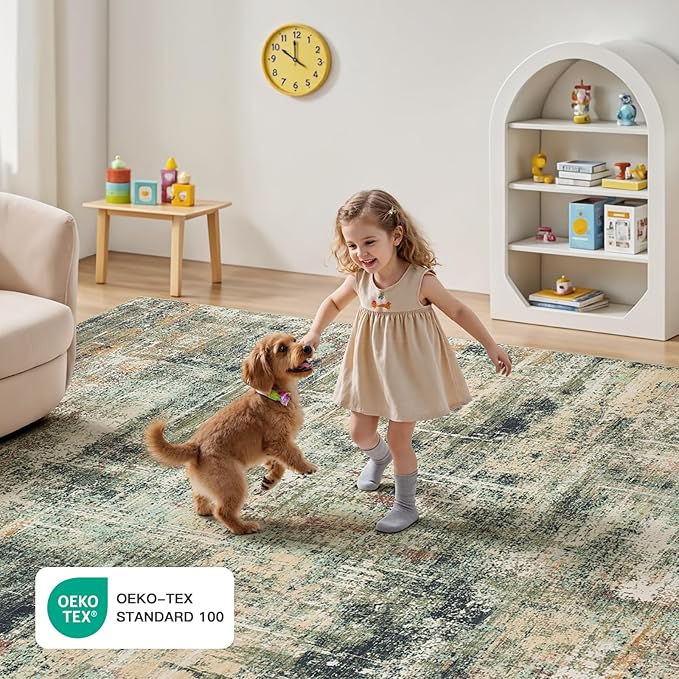Lofus 8x10 Area Rug for Living Room, Coffee Green Abstract Large Rugs with Non-Slip Backing, Neutral Modern Washable Carpet for Bedroom Dining Room Home Office Nursery Indoor