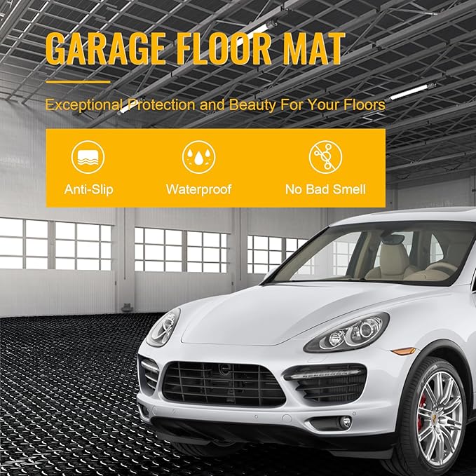 Garage Floor Mat, 2.8mm Thickened Flooring Roll for Under Car with 20Pcs Tapes, Diamond Plate, Non-Slip Floor Protector Mat for Trailer, Garage, Warehouse, Gyms, Trailer (BlackV, 7.5x25 FT)