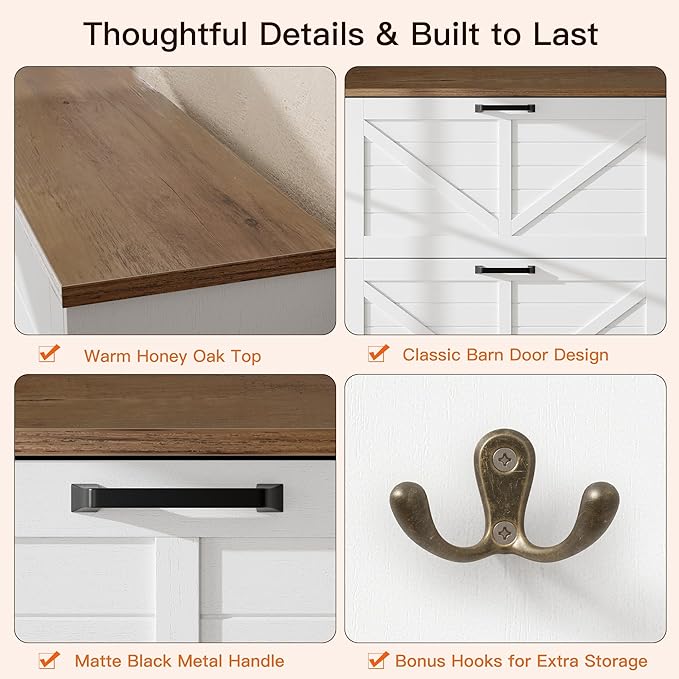 Nicetree Shaker Barn Door Shoe Cabinet, 3 Flip Drawers & 3Tier Adjustable Shelves, Ultra Slim Freestanding, Modern Rustic Brushed White Farmhouse Shoe Rack for Entryway, Hallway, Foyer & Mudroom White