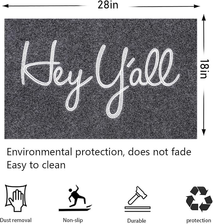 Front Door Indoor Outdoor Entrance Doormat Grey Rubber Welcome Door Mat Hey Y'all Doormat Anti Slip Easy to Clean Corridor Patio Entry Mat