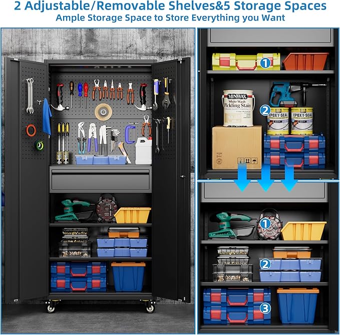 Reemoon Garage Storage Cabinet with Wheels and Doors,Lockable Metal Storage Cabinet with Drawer Pegboard and Hooks for Garage Warehouse Home,Required Assembly,Black,71" H×15" D×30" W