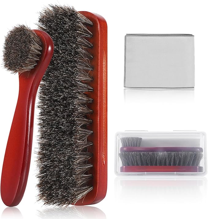 4Pcs Horsehair Shine Shoes Brush Kit, Horse Hair Brush for Leather, Cleaning Leather Shoes Boots Care Brushes with Microfiber Shoe Cloth, Horsehair Brush