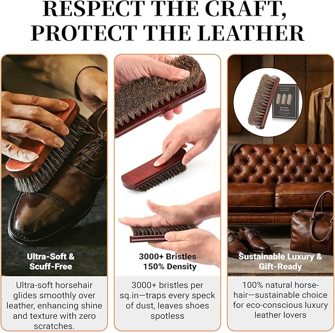 3pcs 7in 100% Horse Hair Shoe Brush for Leather Horsehair Brushes Boots Cleaning Polishing Buffing Shine Professional Cobbler Furniture Sneakers Care Set Suede Jackets Bags Seats Dusting Brushing Tool