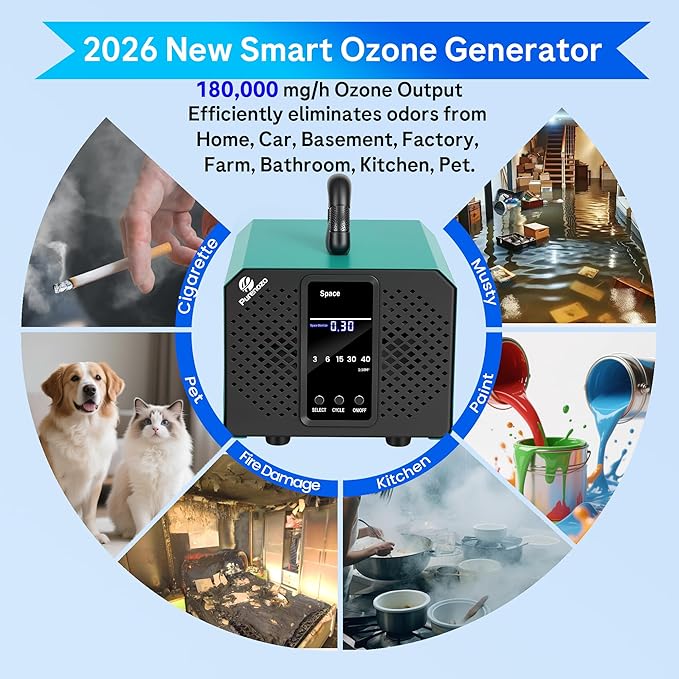 Smart Ozone Generator 180,000 mg/h Ozone Machine with Digital Timer & Dual Mode, Ozone Odor Eliminator for Cars, Home, Basements, Rooms, Kitchens, Smoke, Pet, Farm, Musty Smells