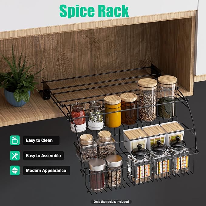 3-Tier Pull Down Cabinet Spice Rack Organizer,Metal Storage Shelf,Retractable Large Capacity Kitchen Storage Shelf Organizer for Kitchen Cabinet Cupboard Pantry, Black, LL0124-1