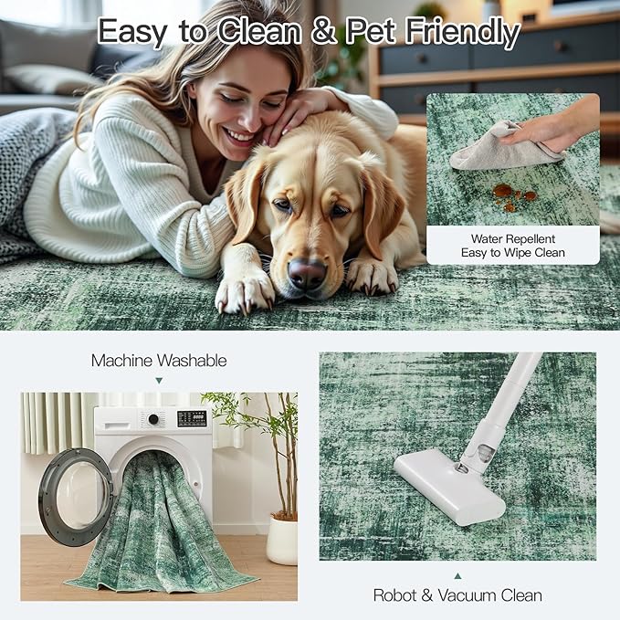 Lofus 8x10 Area Rug for Living Room, Green Abstract Rugs with Non-Slip Backing, Neutral Modern Washable Carpet for Bedroom Dining Room Home Office Nursery Indoor