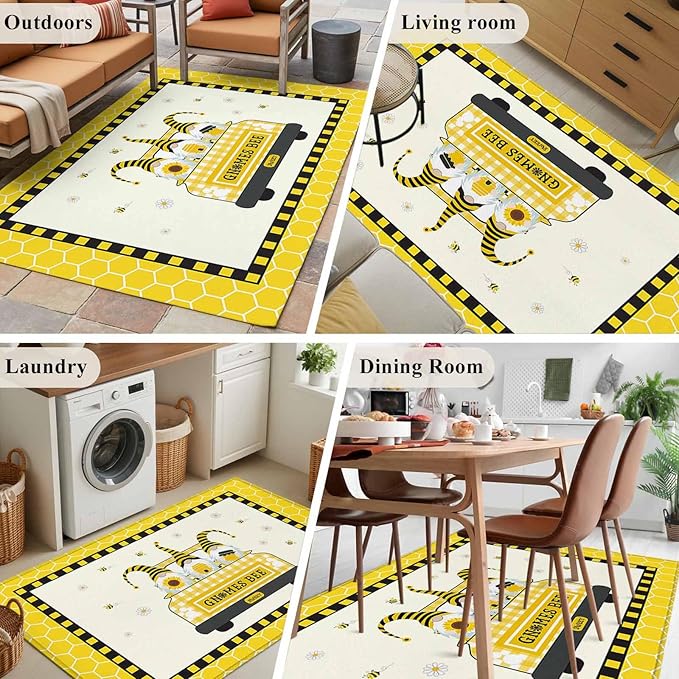 Honey Gnomes 3'x5' Area Rugs, Bees Hive Sunflower Truck Washable Area Rugs Non-Slip Indoor Floor Mats Carpet for Living Room Bedroom Dining Room