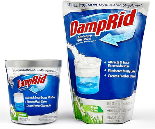 Damp Rid Refillable Moisture Absorber – Fresh Scent Humidity Absorber & Odor Absorber with 11oz Cup and 44oz Refill Bag, Cleaner Air for Closet & Bathroom – ILIOS Packaging