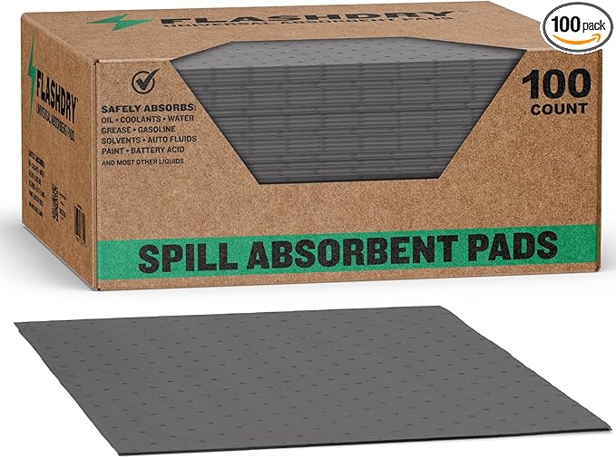 FLASHDRY Universal Spill Absorbent Pads, 100-Count Dispenser Box, 17.5" x 13.5", Absorbs Oil, Grease, Coolant & Solvents, for Garages, Warehouses, Factories & Industrial Facilities